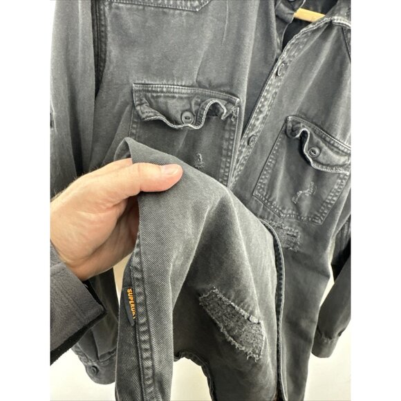 SuperDry Commodity Edition 40Cm Large Black Denim Distressed Button Shirt - Picture 2 of 10